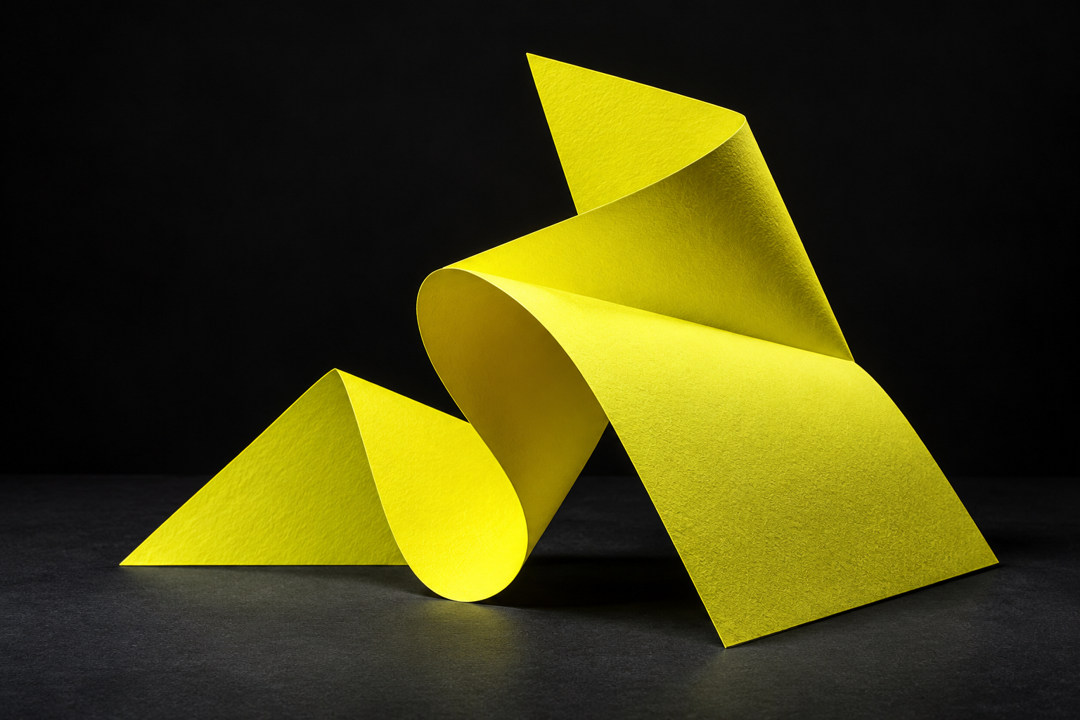 Sculptural yellow paper folds on a charcoal backdrop